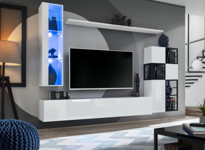Hanging Display Cabinet White Living Wall Designer TV Stand Complete 9-Piece Wooden Furniture Shelves